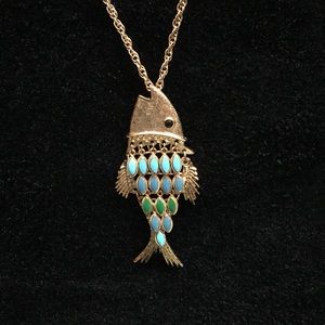 Gold Tone Blue/Green Dangling Fish Necklace